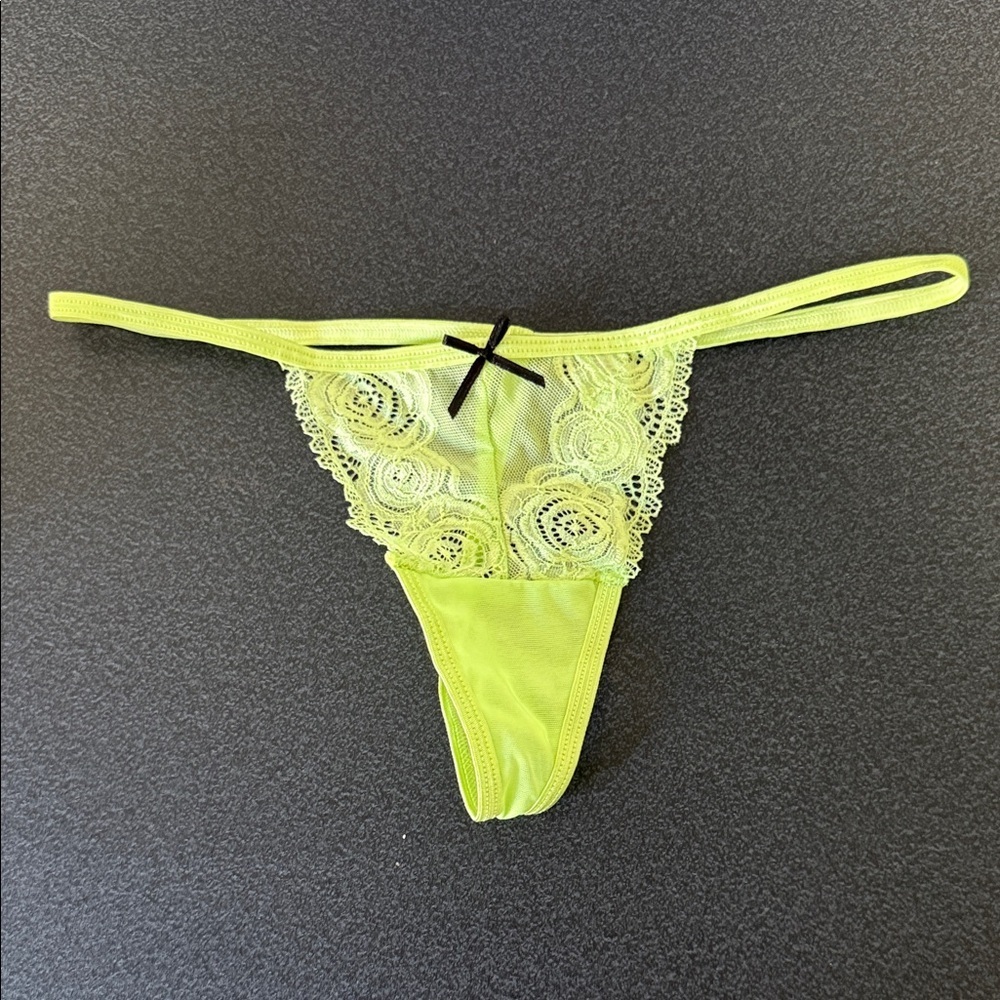 Sheer Lace Trim Neon Yellow Thong Panty